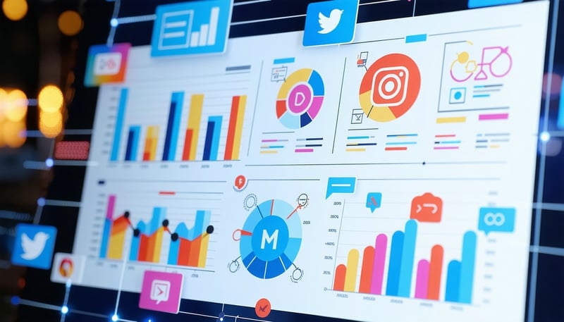 A digital marketing strategy concept with graphs and social media icons